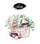 Vegetables healthy organic watercolor wooden box and Wicker basket with bell pepper, leek, onion and avocado vitamin