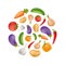 Vegetables icon set in a round shape - potato, carrot, cucumber, onion, pepper, tomato, aubergine, eggplant, garlic. Healthy