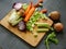 Vegetables ingredients prepared on chopping board medium overhead