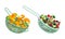 Vegetables in kitchen colander set. Strainers full of pumpkin, pepper, currant, gooseberry, raspberry fresh berries and
