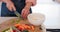 Vegetables knife, hands and cooking person cutting celery, ingredients and meal prep healthy food on wood board