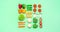 Vegetables moving, stop motion, top view, on a colored background