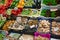 Vegetables and mushrooms on food market stall