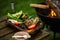 Vegetables near the grill. Green grilling. Preparing to cook healthy vegan food on fire. Fresh artichoke, tomato, pepper and