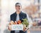 Vegetables, open sign and man portrait for market, small business and food supplier in agriculture industry. Happy