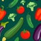 Vegetables pattern on green background. Broccoli, tomato, eggplant and pepper