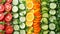 vegetables in pieces neatly arranged and top view, vegan food wallpaper