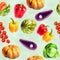 Vegetables - pumpkin, sweet pepper, cabbage, watermelon, eggplant, branch of tomatos - watercolor seamless pattern