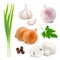 Vegetables realistic composition on white background with onions, garlic, mushrooms, parsley. Vector image