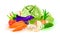 Vegetables: red tomato, eggplant, garlic, cucumber, carrot, courgette, white cabbage, onion. Set