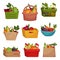 Vegetables Rested in Wooden and Plastic Baskets and Paper Bags Vector Set