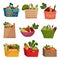 Vegetables Rested in Wooden and Plastic Baskets and Paper Bags Vector Set