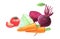 Vegetables and root vegetables. Beets, cabbage, carrots and tomatoes. Whole and in a cut. Graphic drawing with colored pencils.