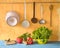 Vegetables, salad, kitchen utensils