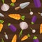 Vegetables seamless pattern on brown striped background