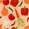 Vegetables seamless pattern. Onion and peppers, garlic and carrot