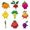 Vegetables set hand drawn scetch characters cartoon. Collection orange, beet root, strawberry, lemon, broccoli, apple