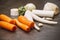 Vegetables for soup. Carrots, parsley, garlic, celery, onion. Fresh raw materials