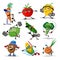 Vegetables sports characters. Funny vegetable food set with laughing and happy faces in sport exercising, yellow pepper