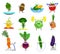 Vegetables sports characters. Funny wellness vegetable food set with laughing faces in sport exercising, broccoli carrot