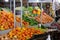 Vegetables such as tomatoes, green peppers and carrots for sale at a fruit stall at Mercado Ver o Peso, Belem, State of Para,