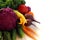 vegetables: tomatoes, beets, carrots, cucumbers, Purple cauliflower, zucchini flowers, cucumbers end Kale on a white background