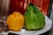 Vegetables on the tray, yellow sweet pepper, fresh cabbage