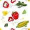 Vegetables vector pattern. One continuous line art drawing of vegetables pattern with paprika, corn, zucchini for