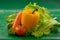 Vegetables - washed carrots, tomatoes, yellow bell pepper, lettuce leaves, parsley