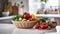 vegetables in a wicker basket on the countertop in a modern kitchen , advertising banner