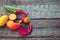 Vegetables on wood. Composition of fresh vegetables on a wooden table