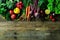 Vegetables on wooden background. Bio healthy organic food, herbs and spices. Raw and vegetarian concept. Ingredients