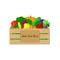 Vegetables in a wooden box with a sign for your text. Organic food illustration.