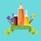 Vegetal oil bottles with flowers and banner with quote natural oilvector illustration.