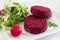 Vegetarian beetroot burgers with fresh mixed salad