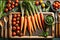 Vegetarian Bounty: Vibrant Carrots, Ripe Tomatoes, and Fresh Leafy Greens in Organic Harmony