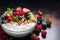 Vegetarian breakfast Oat granola, yogurt, fruits, nuts on wooden board