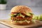 Vegetarian burger, with a homemade patty made of chickpeas, lentils, and vegetables with avocado, lettuce, tomato, and