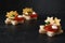 Vegetarian canapes for christmas with tomato, pesto and cheese i