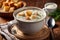 Vegetarian cream soup with croutons and spicy herbs, AI Generated