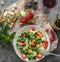 Vegetarian dinner - salad and wine