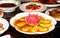 Vegetarian dishes on festive table in chinese buddhist monastery