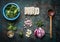 Vegetarian flavor ingredients for tasty dishes on rustic kitchen table background with cooking spoon , top view, flat lay. Healthy