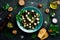 Vegetarian food in a bowl: Beet salad, tofu cheese, spinach and pumpkin seeds. The concept of healthy eating.