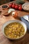 Vegetarian food cereal soup wooden table background