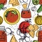 Vegetarian food collection Delicious tomato salsa with chips Seamless pattern
