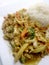 Vegetarian Food with fried vegetables with tofu & thai jasmine rice on white dish, Healthy food. Thai food.