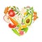 Vegetarian Food Heart Shape with Ripe Sliced Vegetables and Berries Vector Illustration