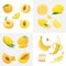 Vegetarian food icons in cartoon style.Yellow color fresh organic fruits. Health fruity harvest illustration.
