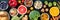 Vegetarian food panorama. Healthy organic products, shot from the top on a dark background